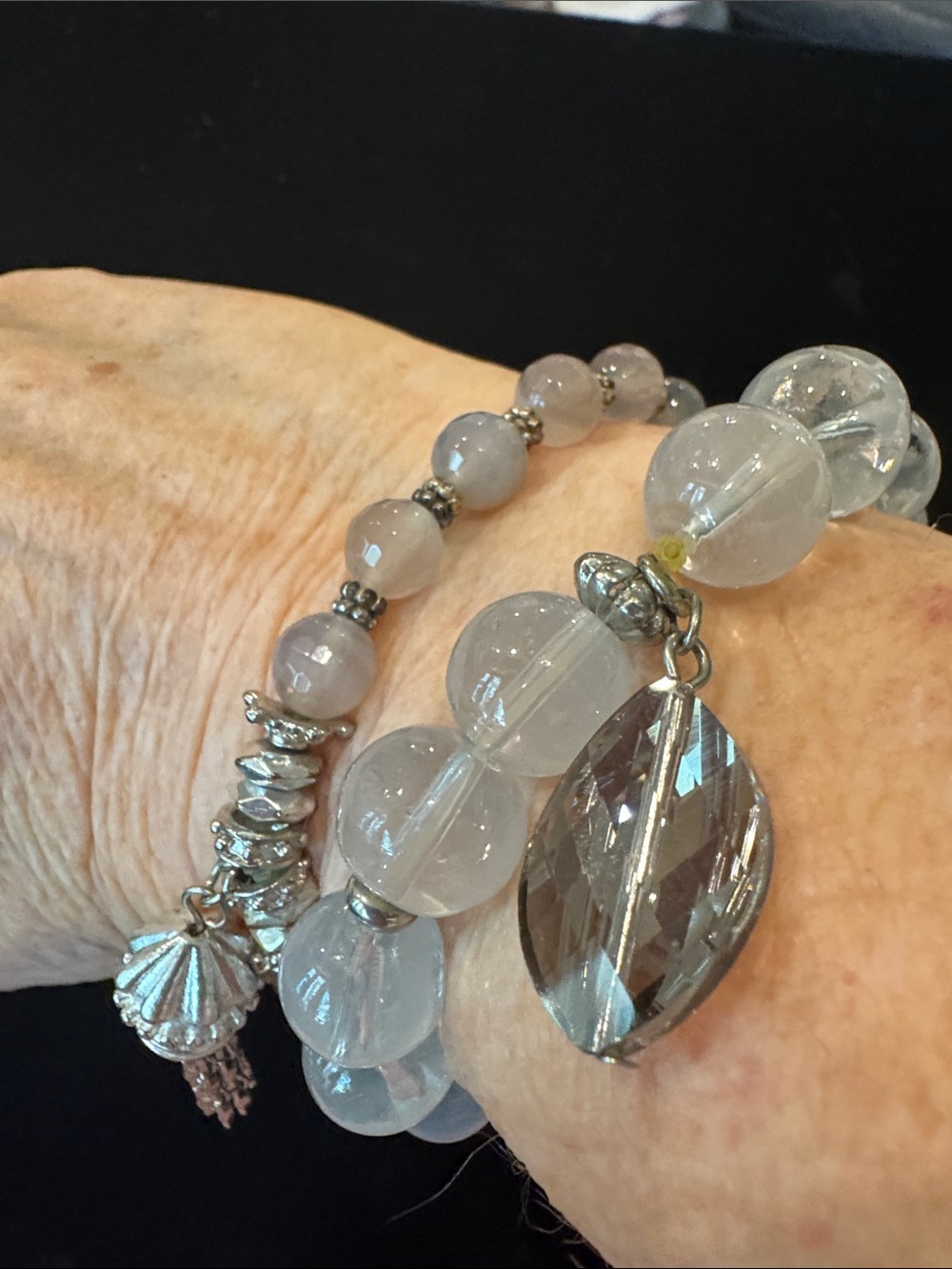 Two Pale Gray Glass Bead Stretch Bracelets w/Faceted Crystal & Silver Accents